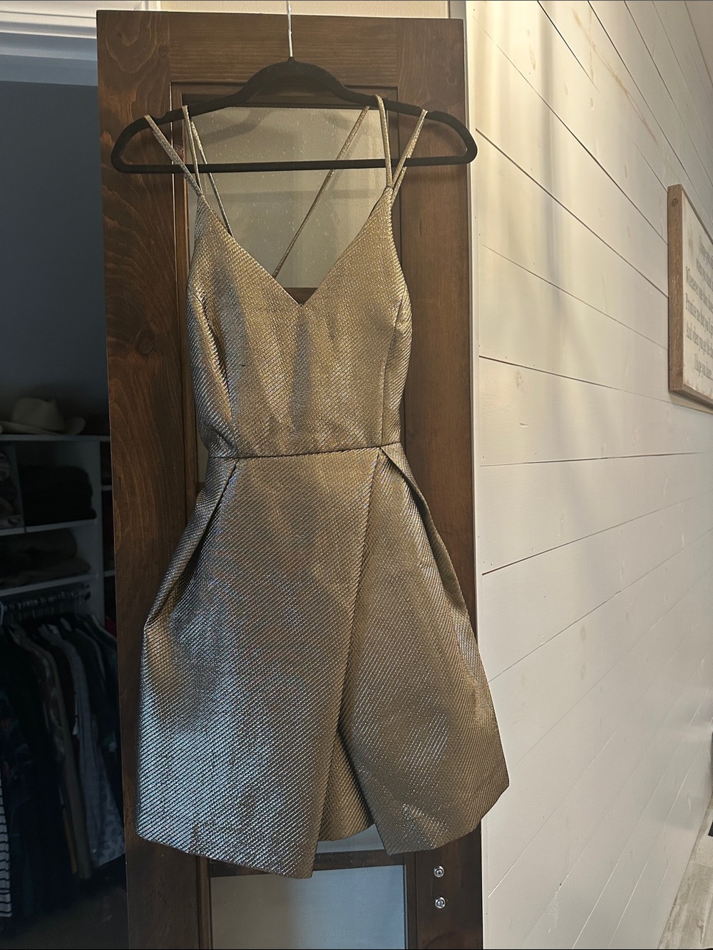 Metallic Gold V-Neck Fit & Flare Dress